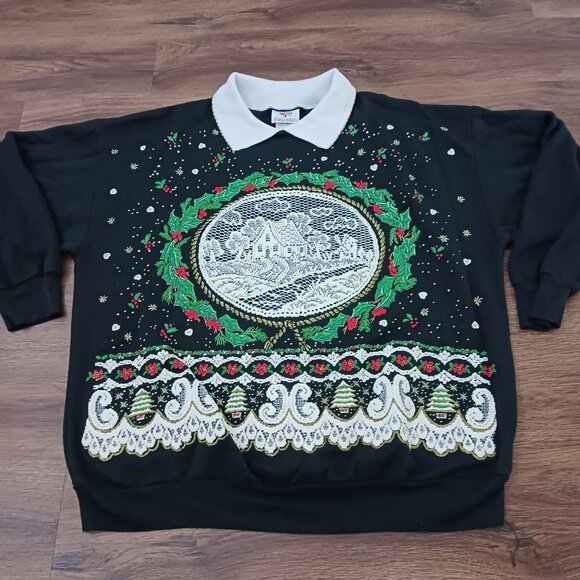 Vtg Christmas Nutcracker Black Sweatshirt Cottagecore Grandma Ugly Size L - Picture 1 of 5